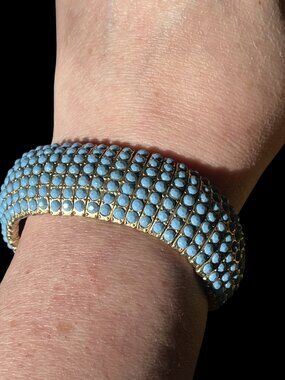 Vintage 80s 90s Faux Turquoise Rhinestone Stretch Cuff 6 Inch